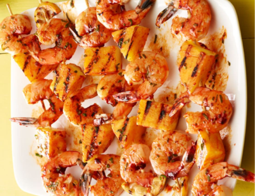 Grilled Sesame Shrimp Skewers with Pineapple Butter Sauce